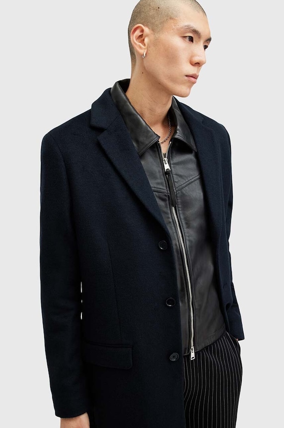 Kabát s příměsí vlny AllSaints HAL COAT M005OZ námořnická modř AW24