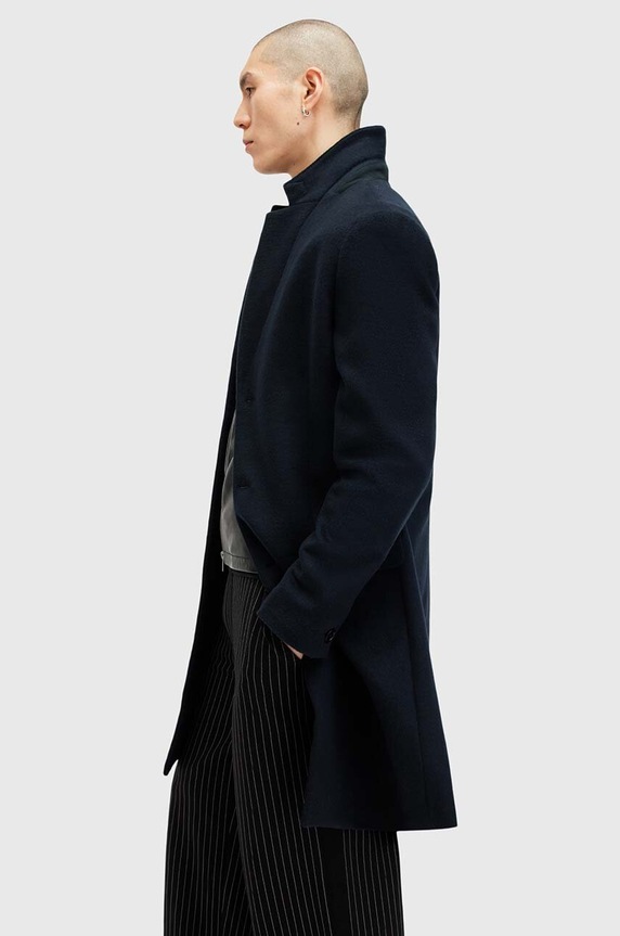 Kabát s příměsí vlny AllSaints HAL COAT námořnická modř M005OZ