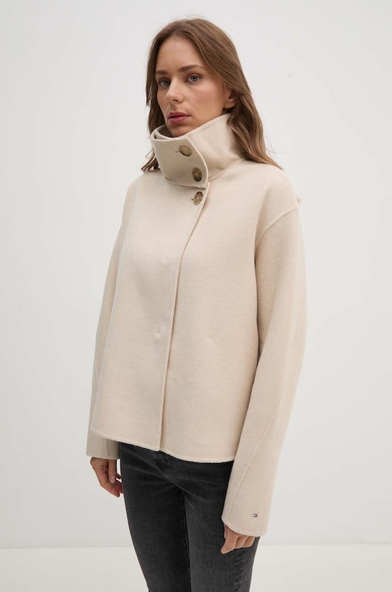 Vlněná bunda Tommy Hilfiger bez kapuce béžová WW0WW42138