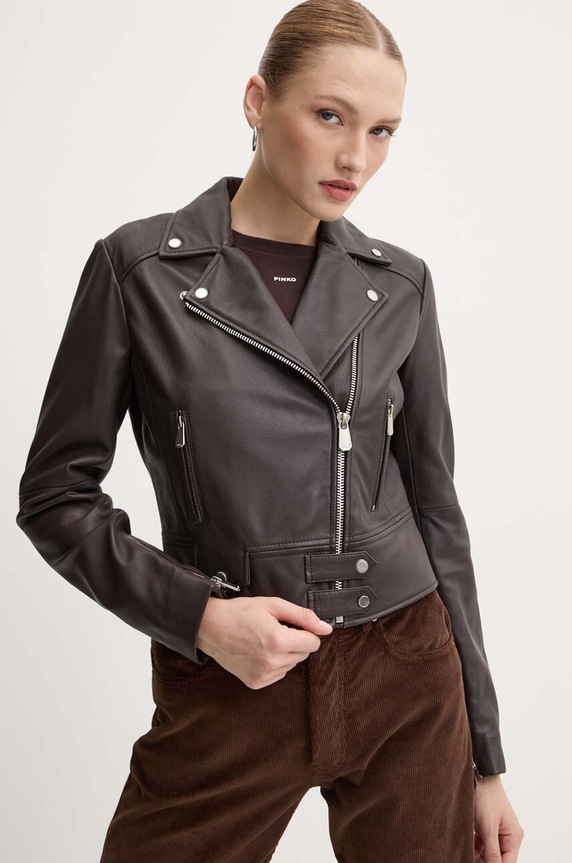 Δερμάτινo jacket Pinko λείο δέρμα καφέ 103901.Y6WL