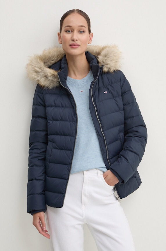 Puhovka Tommy Jeans S kapuco mornarsko modra DW0DW18312