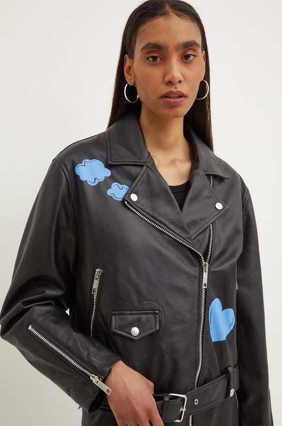 Kožna Rokerica Moschino Jeans zrnata koža crna 3710.8216