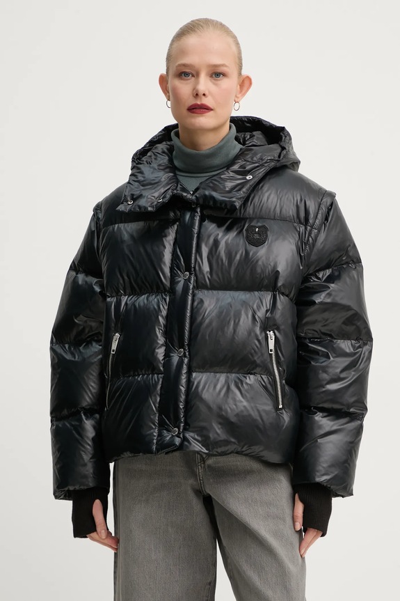 Pernata jakna The Kooples s kapuljačom crna FDOU29000K