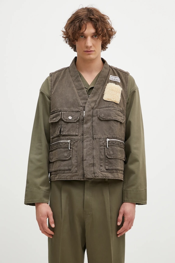 Kenzo bezrękawnik bawełniany Multipocket Gilet bez kaptura brązowy FE65VE0089GK.92