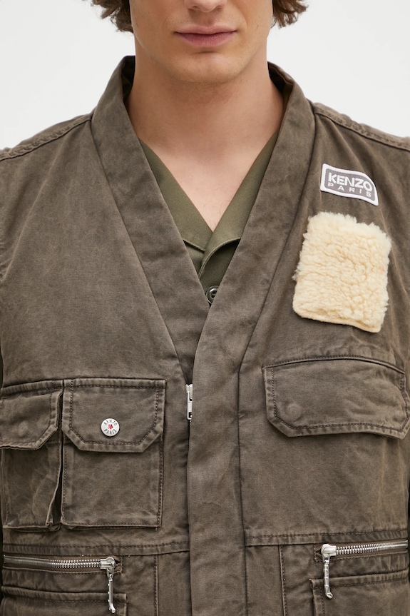 Kenzo bezrękawnik bawełniany Multipocket Gilet brązowy FE65VE0089GK.92
