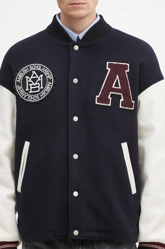 Вълнено яке AMBUSH Stadium Jacket тъмносин BMEK002F24FAB0014628