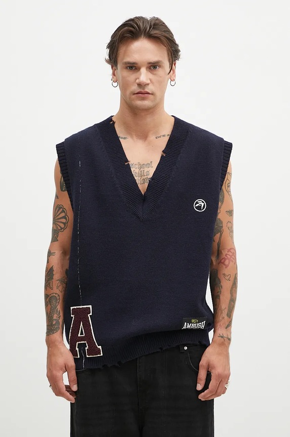Vuneni prsluk AMBUSH Repair Stitch V Neck Vest natpis mornarsko plava BMHZ002F24KNI0014628