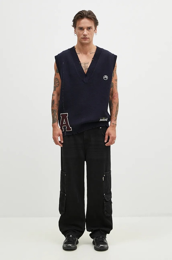 Vuneni prsluk AMBUSH Repair Stitch V Neck Vest BMHZ002F24KNI0014628 mornarsko plava