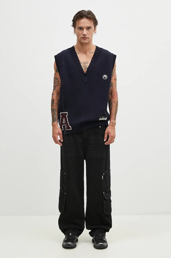 Vuneni prsluk AMBUSH Repair Stitch V Neck Vest BMHZ002F24KNI0014628 mornarsko plava