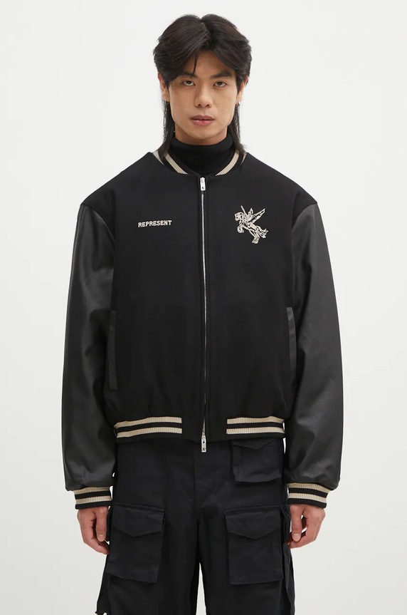 Represent wool blend bomber jacket Mascot Wool Varsity Jacket faux grain leather black MLM1127.001