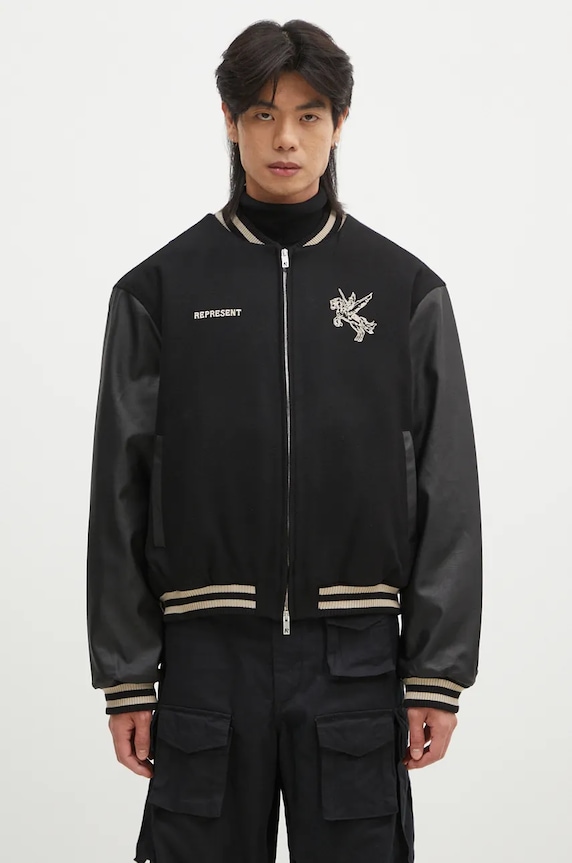 Represent wool blend bomber jacket Mascot Wool Varsity Jacket faux grain leather black MLM1127.001