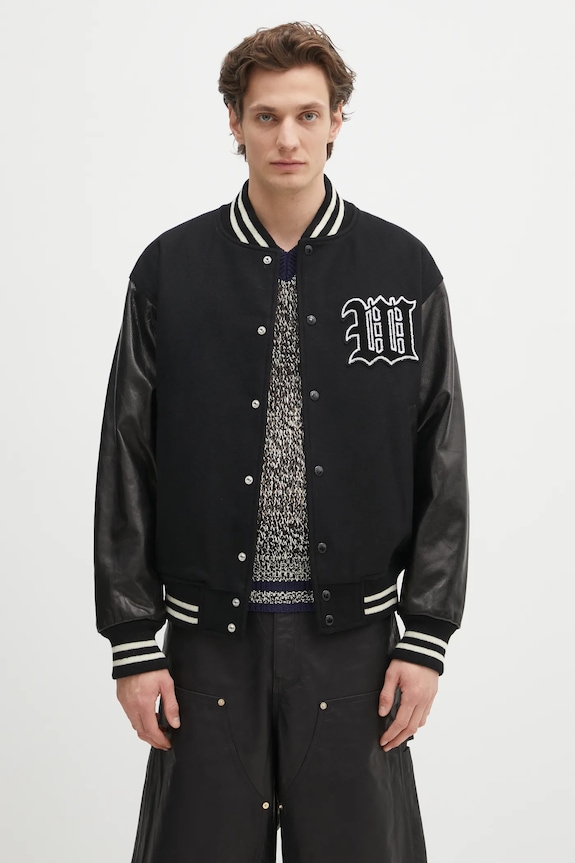 Вовняна куртка-бомбер Wacko Maria Leather Varsity без капюшона чорний 24FW.WMO.BL16