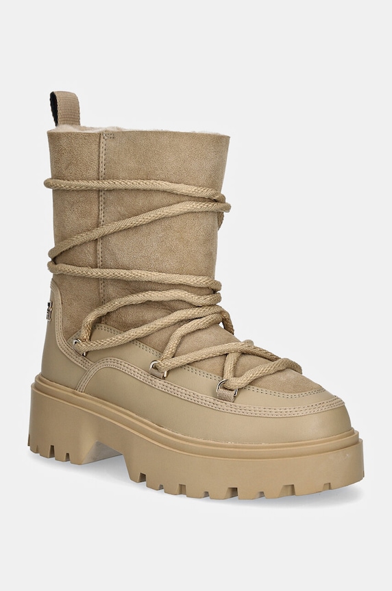 Sněhule Tommy Hilfiger REAL SHEARLING LACE-UP SNOWBOOT semišová kůže béžová FW0FW08085