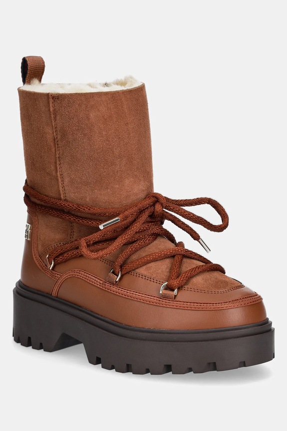Tommy Hilfiger śniegowce REAL SHEARLING LACE-UP SNOWBOOT syntetyczny brązowy FW0FW08085