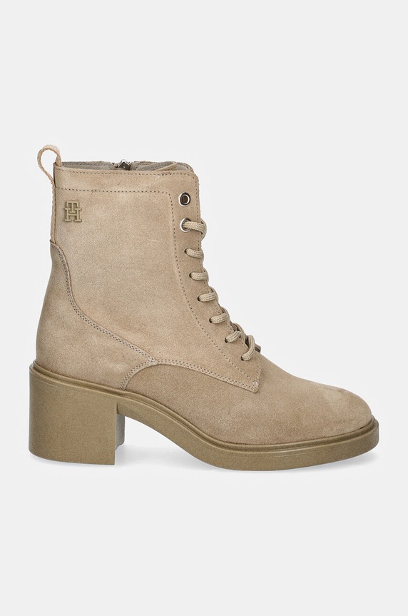 Gležnječe od brušene kože Tommy Hilfiger SUEDE MID HEEL LACEUP LOGOTAPE FW0FW08090 bež NC24