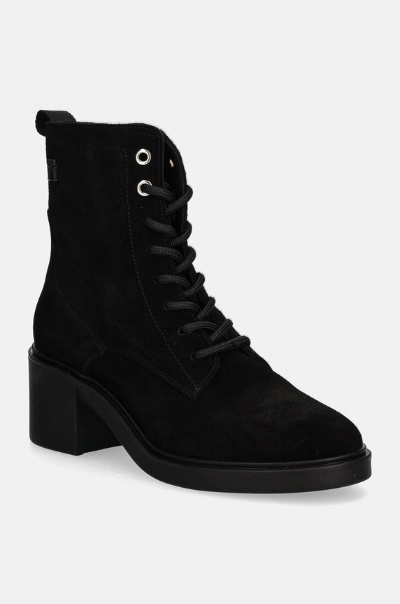 Gležnječe od brušene kože Tommy Hilfiger SUEDE MID HEEL LACEUP LOGOTAPE na vezanje crna FW0FW08090