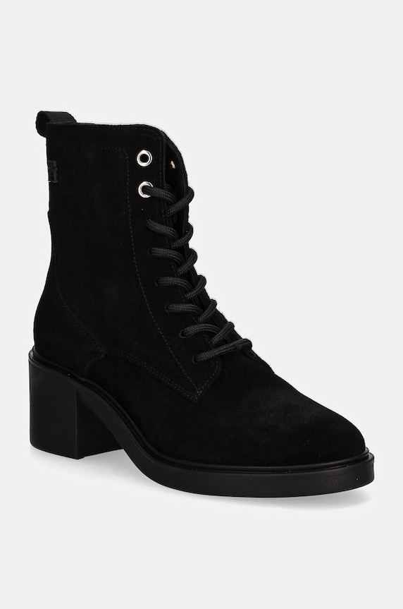 Gležnječe od brušene kože Tommy Hilfiger SUEDE MID HEEL LACEUP LOGOTAPE na vezanje crna FW0FW08090