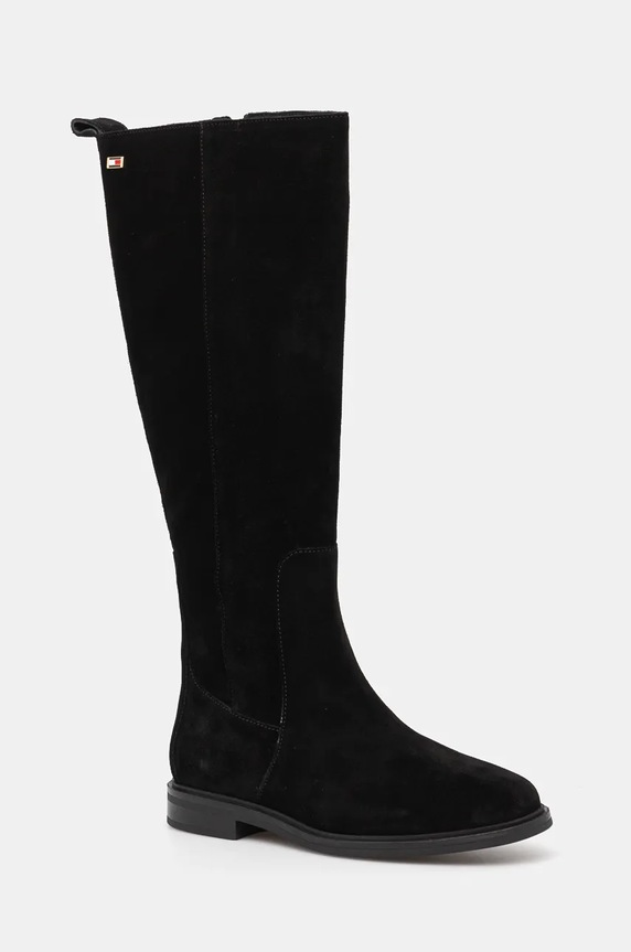 Semišové čižmy Tommy Hilfiger FLAG SUEDE LONG BOOT ZIP semišová koža čierna FW0FW08178