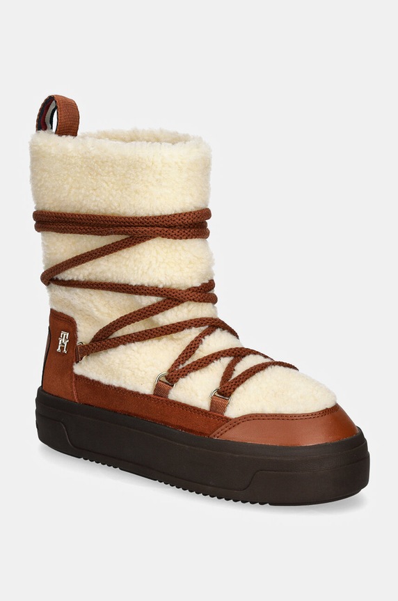 Μπότες χιονιού Tommy Hilfiger LACE-UP FAUX SHEARLING SNOWBOOT υφασμάτινο καφέ FW0FW08252