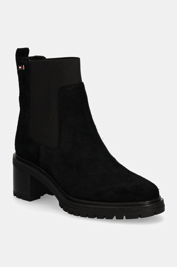 Semišové topánky chelsea Tommy Hilfiger FLAG MID HEEL SUEDE CHELSEA semišová koža čierna FW0FW08429
