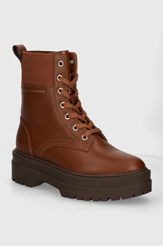 Tommy Hilfiger botki LEATHER ELASTIC RIB LACEUP płaski brązowy FW0FW08440