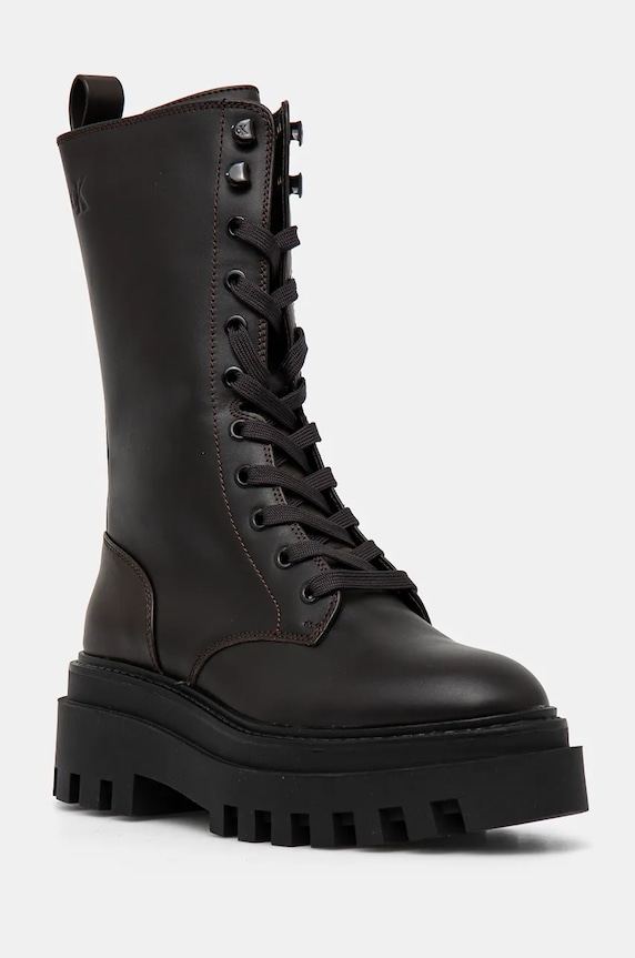 Kožené workery Calvin Klein Jeans FLATFORM LACE UP BOOT MG LTH nezateplené hnědá YW0YW01544