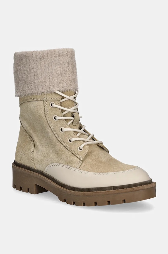 Členkové topánky Calvin Klein Jeans COMBAT MID LACE UP BOOT WL semišová koža béžová YW0YW01599