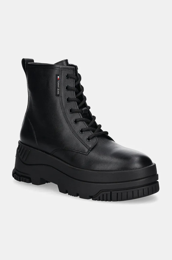 Kožené kotníkové boty Tommy Jeans TJW LACE UP FLATFORM BOOT nezateplené černá EN0EN02665