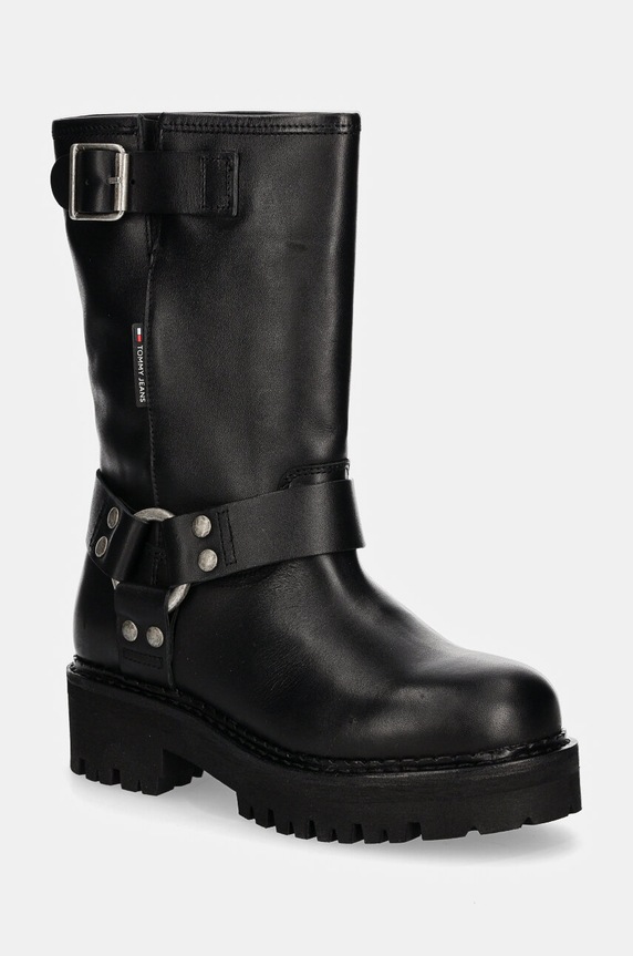 Tommy Jeans bőr csizma TJW URBAN BIKER BOOT LEATHER platform fekete EN0EN02728