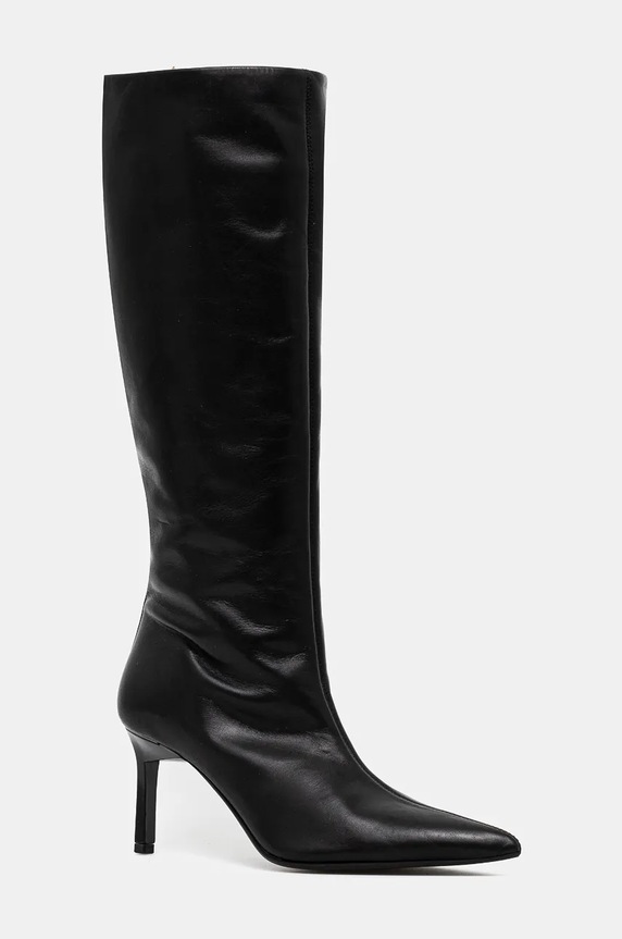 Кожени ботуши Calvin Klein HEEL KNEE BOOT 70 LTH гладка кожа черен HW0HW02162