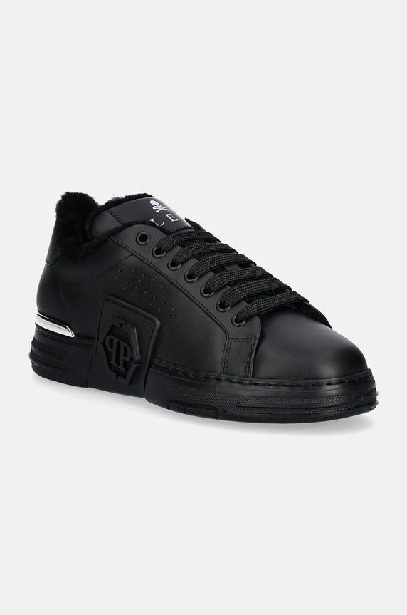 Philipp Plein bőr sportcipő Nappa Lo-Top Fur Hexagon lapos fekete USC0691.PLE075N.0202