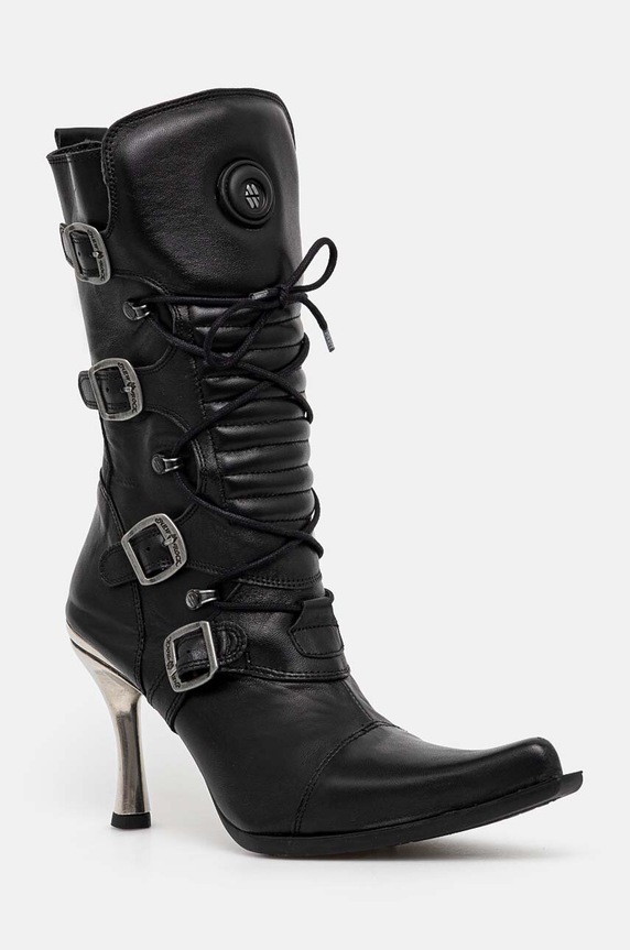 New Rock bőr csizma ITALI NEGRO FINO + MALICIA TACON CARIBE ACERO tűsarok fekete M.9373.S8