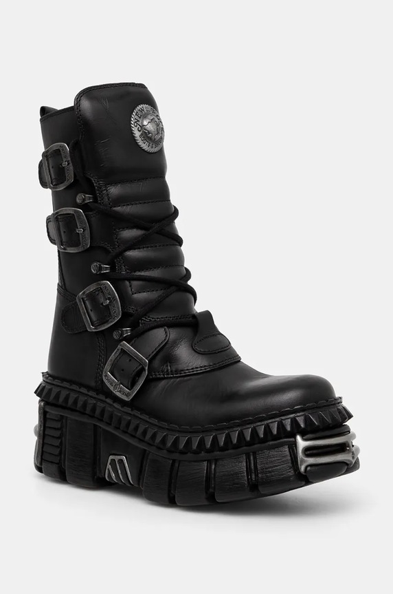 Kožne gležnjače New Rock ITALI NEGRO NOMADA + TOWER CASCO + ACERO PICOS zrnata koža crna M.WALL373.S10