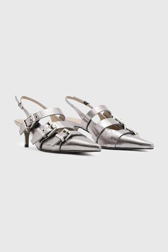 AllSaints szpilki skórzane Grace Buckle Heel W150FB srebrny AW24