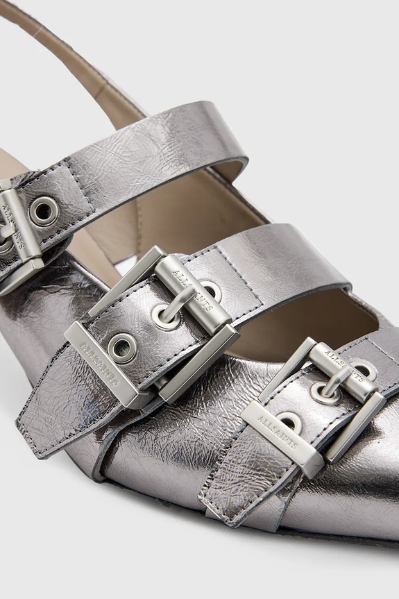 Obuwie AllSaints szpilki skórzane Grace Buckle Heel W150FB srebrny