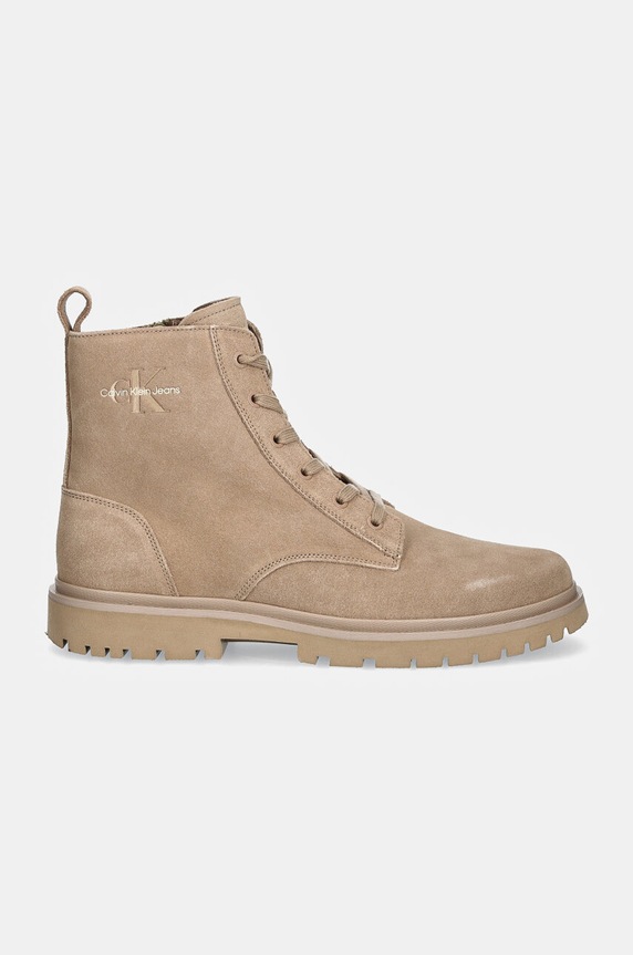 Kožené topánky Calvin Klein Jeans EVA BOOT MID LACEUP ICONIC DRESS YM0YM01070 béžová NC24