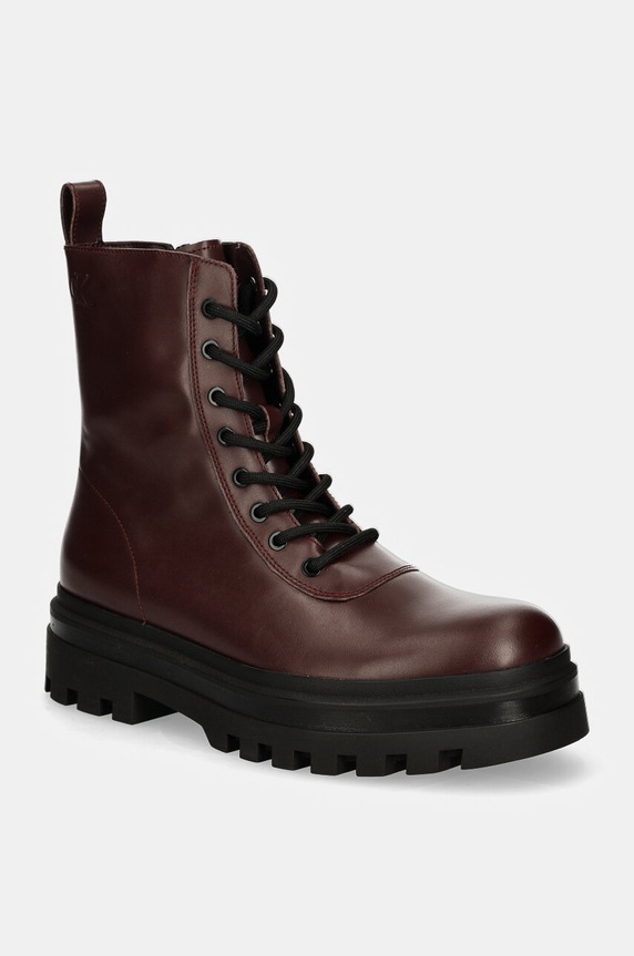 Calvin Klein Jeans trapery skórzane LUGGED LACE ZIP BOOT OXF LTH skóra licowa bordowy YM0YM01066