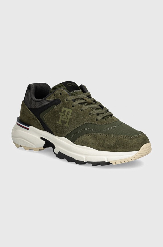 Sneakers boty Tommy Hilfiger M RUNNER X VENTILE MIX semišová kůže zelená FM0FM05062