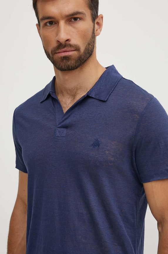 Vilebrequin polo za muškarce od lana PYRAMID bez uzorka mornarsko plava PYRE9O00