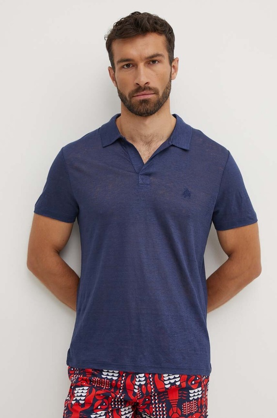 Vilebrequin polo za muškarce od lana PYRAMID mornarsko plava PYRE9O00