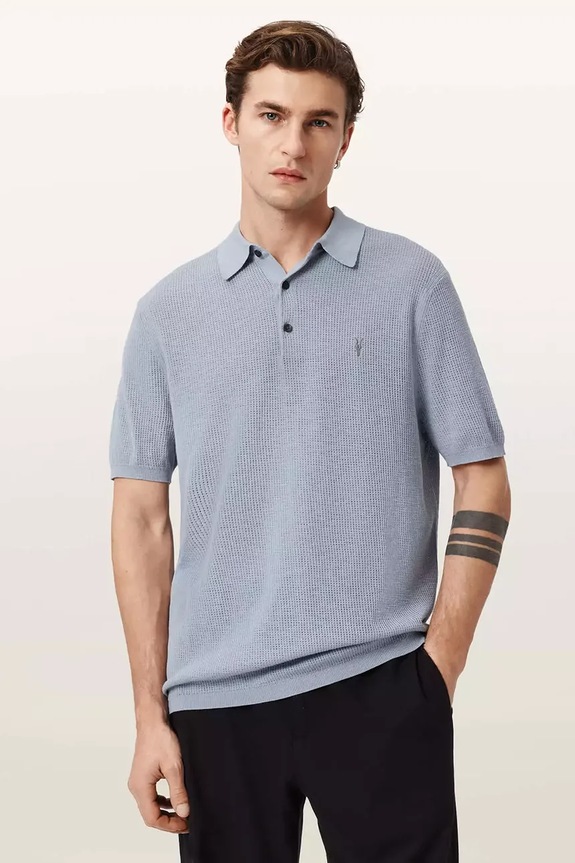 Βαμβακερό μπλουζάκι πόλο AllSaints AUBREY SS κανονικό μπλε M020KA