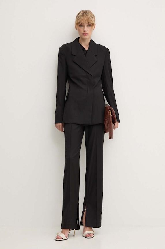 Hlače s primjesom vune Remain Slim Suiting Pants 501907100 crna AW24