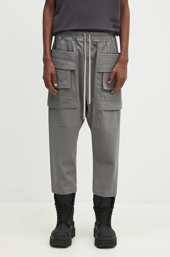 Rick Owens cotton trousers Creatch Cargo Cropped Drawstring plain gray DU02D2371.TW