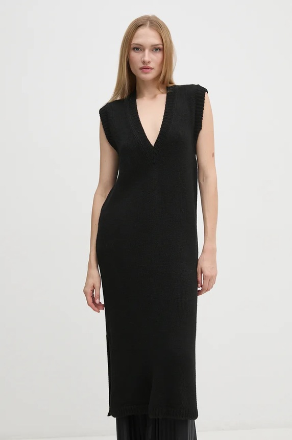 Φόρεμα από μείγμα μαλλιού Sisley casual μαύρο 1276MV00T