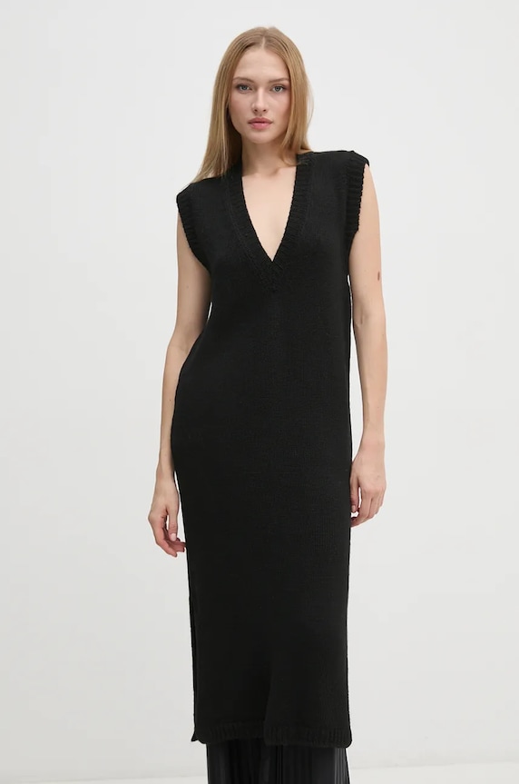 Φόρεμα από μείγμα μαλλιού Sisley casual μαύρο 1276MV00T