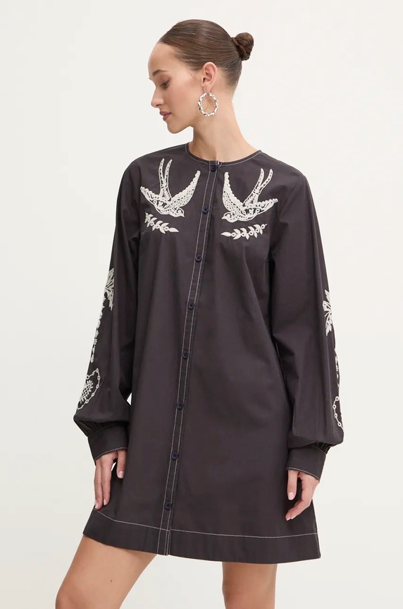 Памучна рокля Never Fully Dressed EmbroideSwallow Roamnce Mini Dress памук черен NFDDR1573
