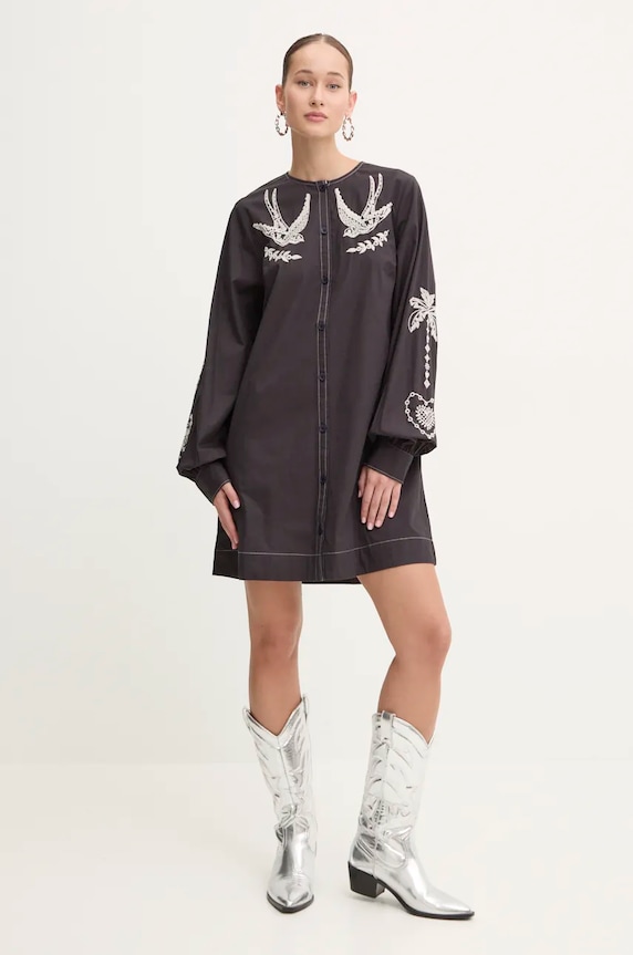 Памучна рокля Never Fully Dressed EmbroideSwallow Roamnce Mini Dress NFDDR1573 черен AW24