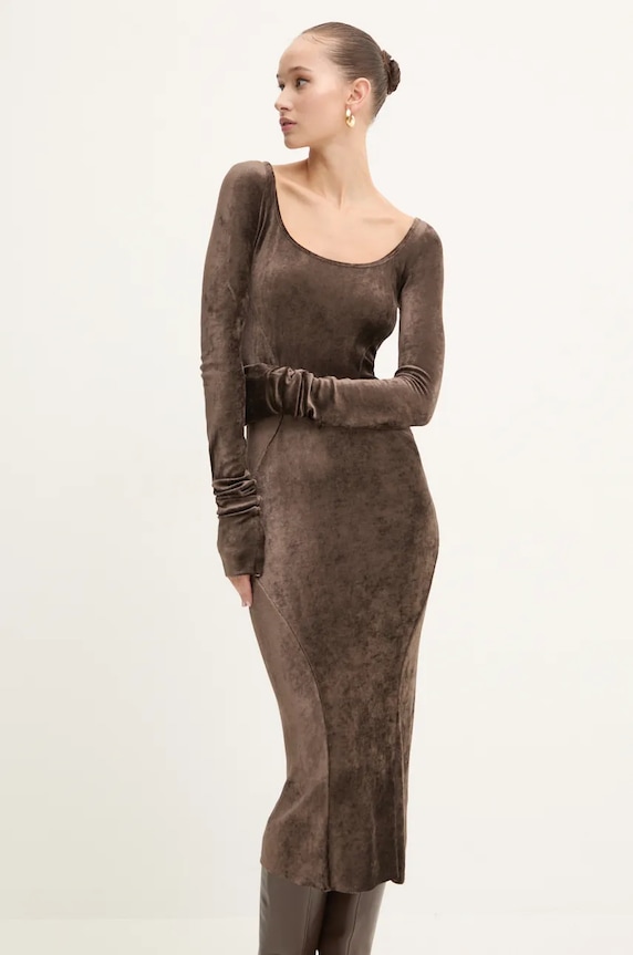 Βελούδινο φόρεμα Rick Owens Lilies μακρύ καφέ LI02D5532VSTET2