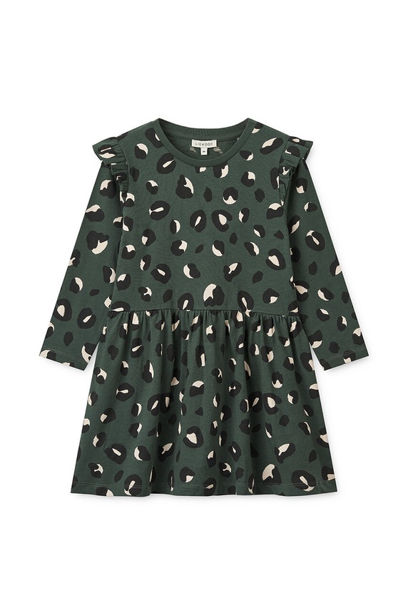 Otroška bombažna obleka Liewood Lima Printed Frill Longsleeve Dress LW19484 zelena AW24