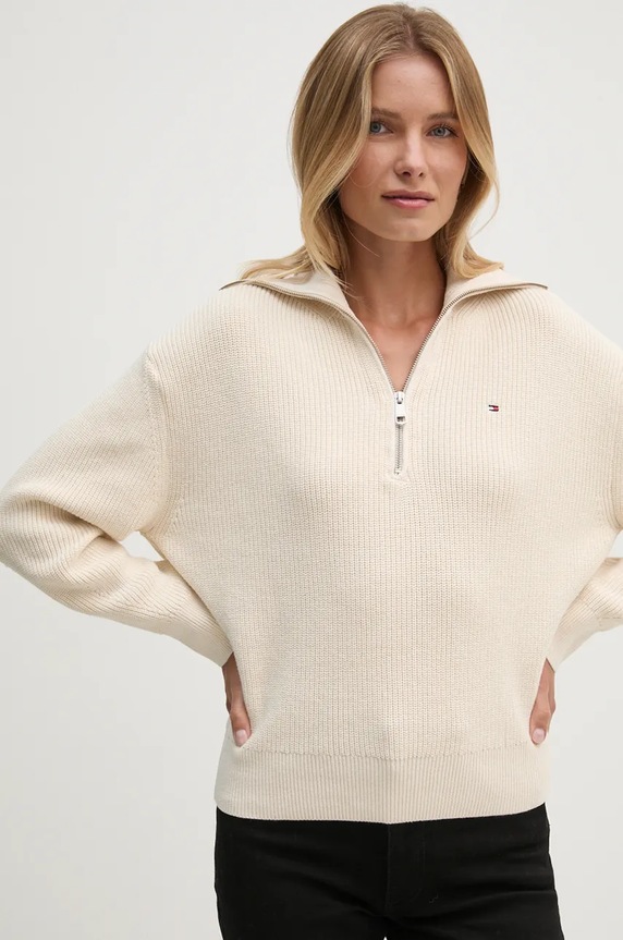 Βαμβακερό πουλόβερ Tommy Hilfiger βαμβάκι μπεζ WW0WW42141